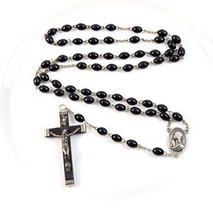 Our Lady of Lourdes Vintage Rosary Black Wood Beads Beautiful Mary Center Medal